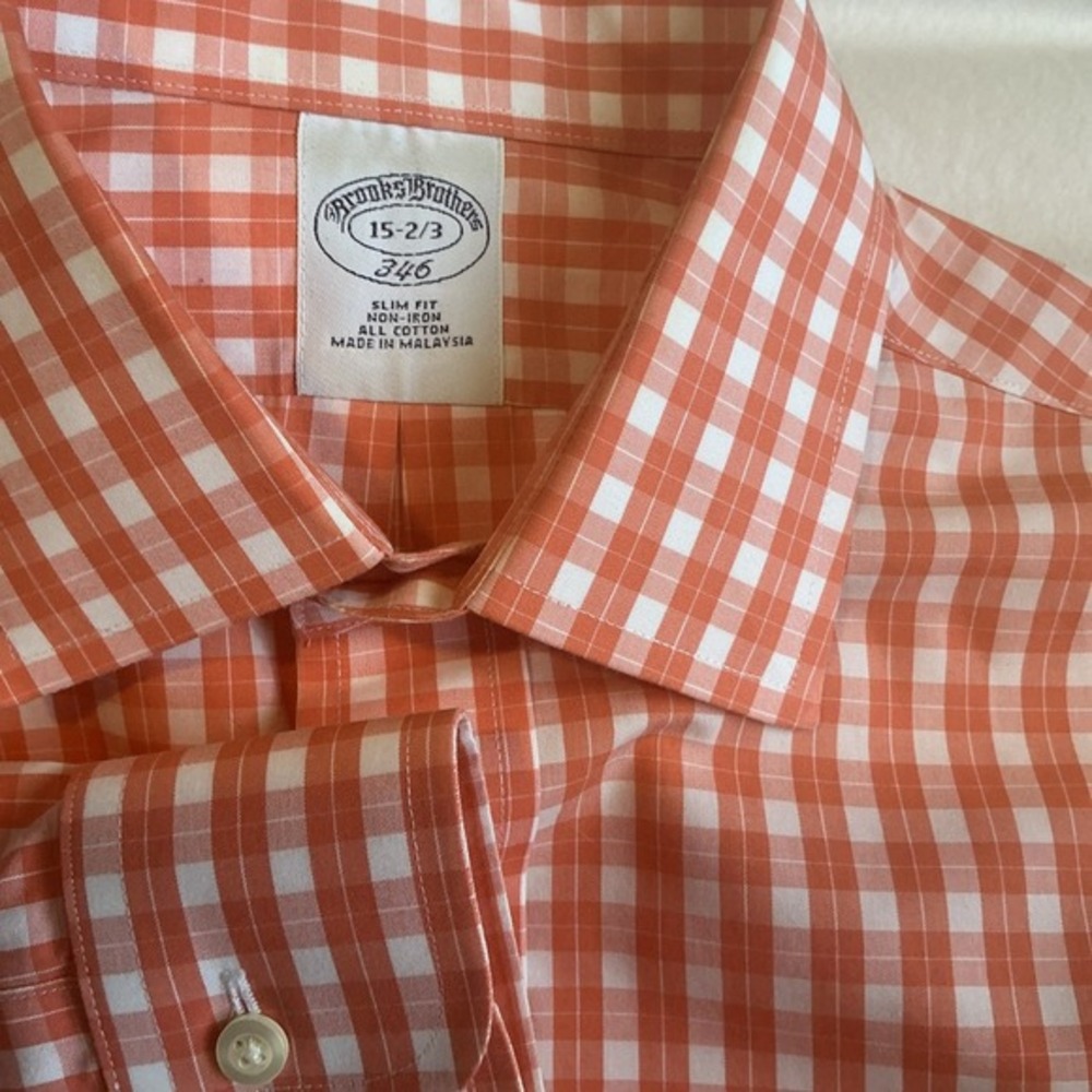 Brooks Brothers 346 Mens 15-2/3 Orange Gingham Check Button Down Shirt Slim Fit